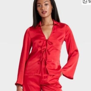 Red Satin Blouse with Ties. New. Medium
